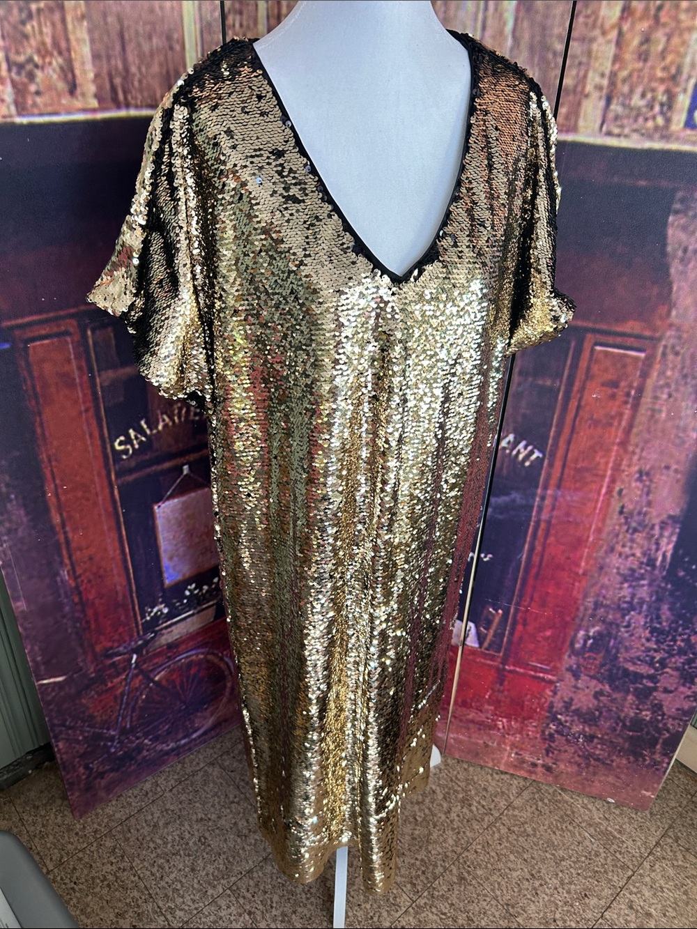 Gold Sequin V-Neck Shift Dress